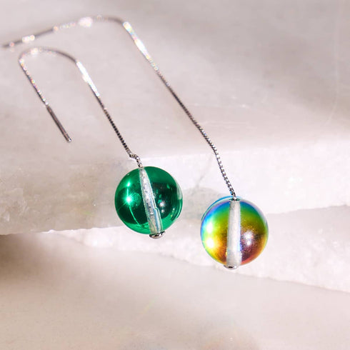 Boucles d'oreilles pendantes en chaîne de verre Galaxy | Argent sterling 925 | Lune émeraude